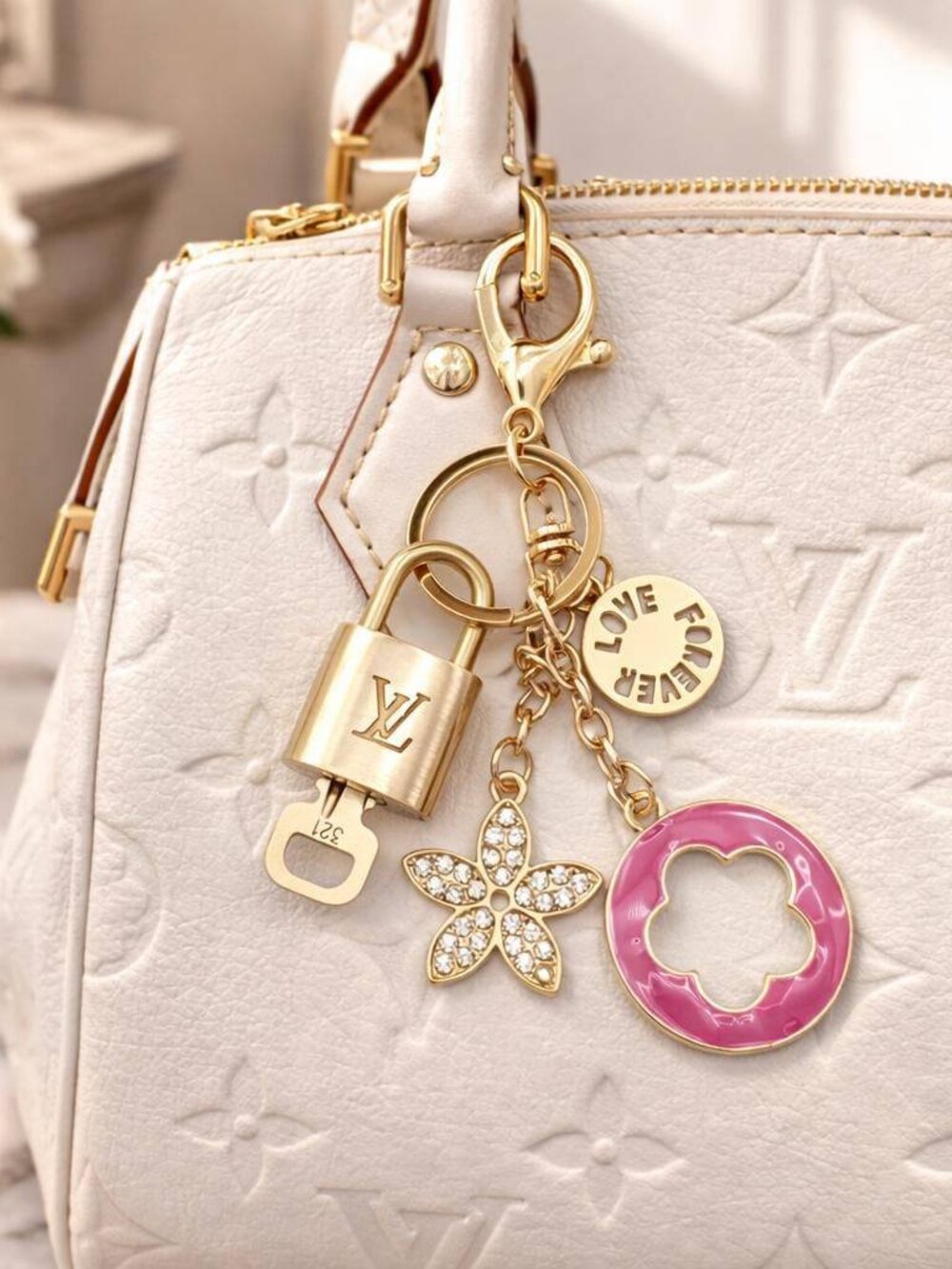 LV Gold Padlock Authentic 🔑 Luxury Bag Charm w/ Unbranded Flower Keychain
